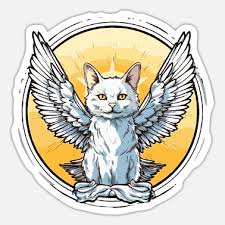 Weiße Katze mit weißen Federflügeln in einem gelben Kreis